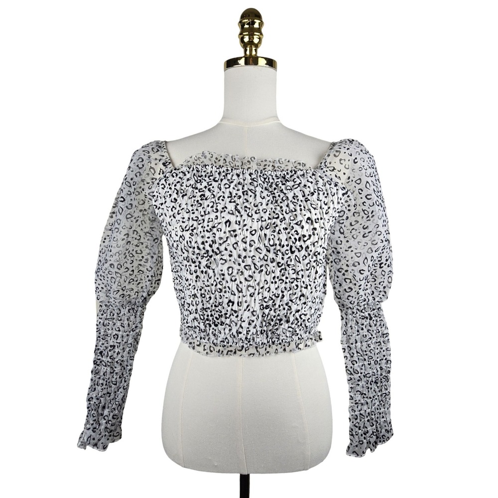Nasty Gal Leopard Print Organza Top Women US 8 Smocked Sheer Long Sleeve Y2K